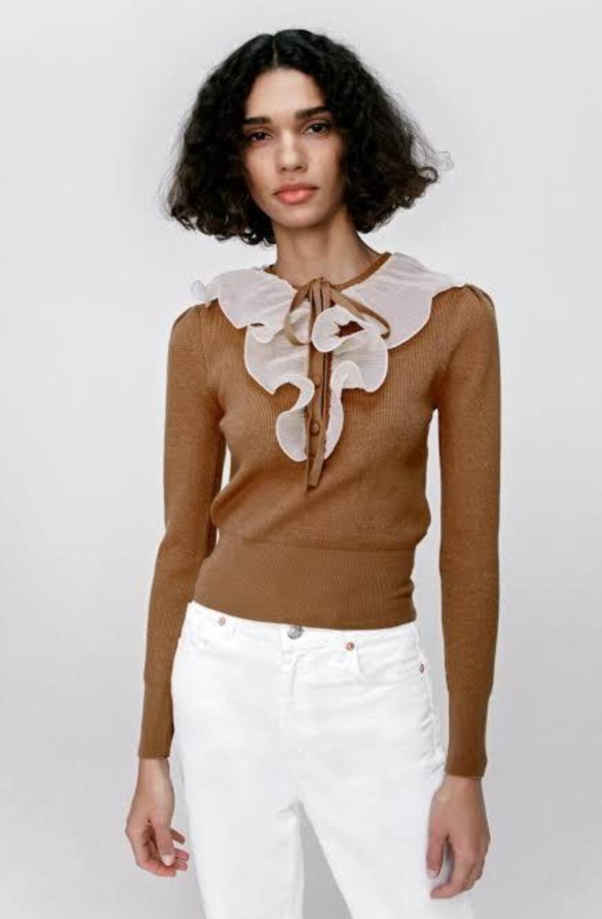 ZARA Brown White Sweater Waffle Knit Ruffle Henley Neck Size Medium M